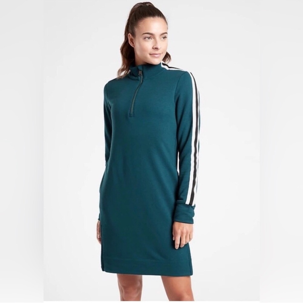 Athleta Crosstown Track Dress Oceanic Teal Long Sleeve Sweatshirt dress Pockets